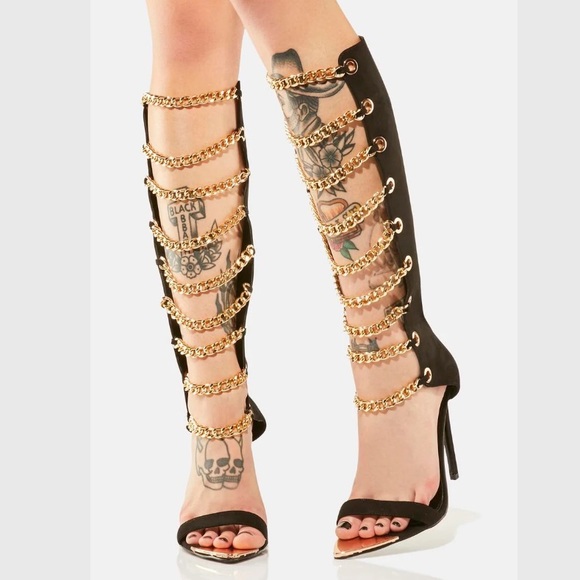 Azalea Wang Shoes - AZALEA WANG Knee High Stiletto Heels Boots Chain Straps Open Toe Black Gold 7
